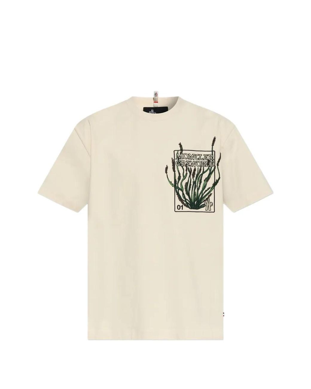 Moncler White Embroidered Botanical Motif Cotton T-Shirt for men