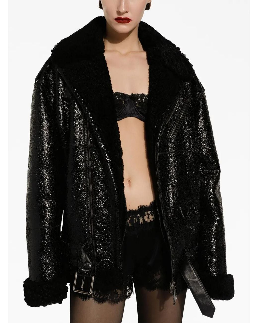 Dolce & Gabbana Black Frilled-Collar Pebbled Leather Jacket