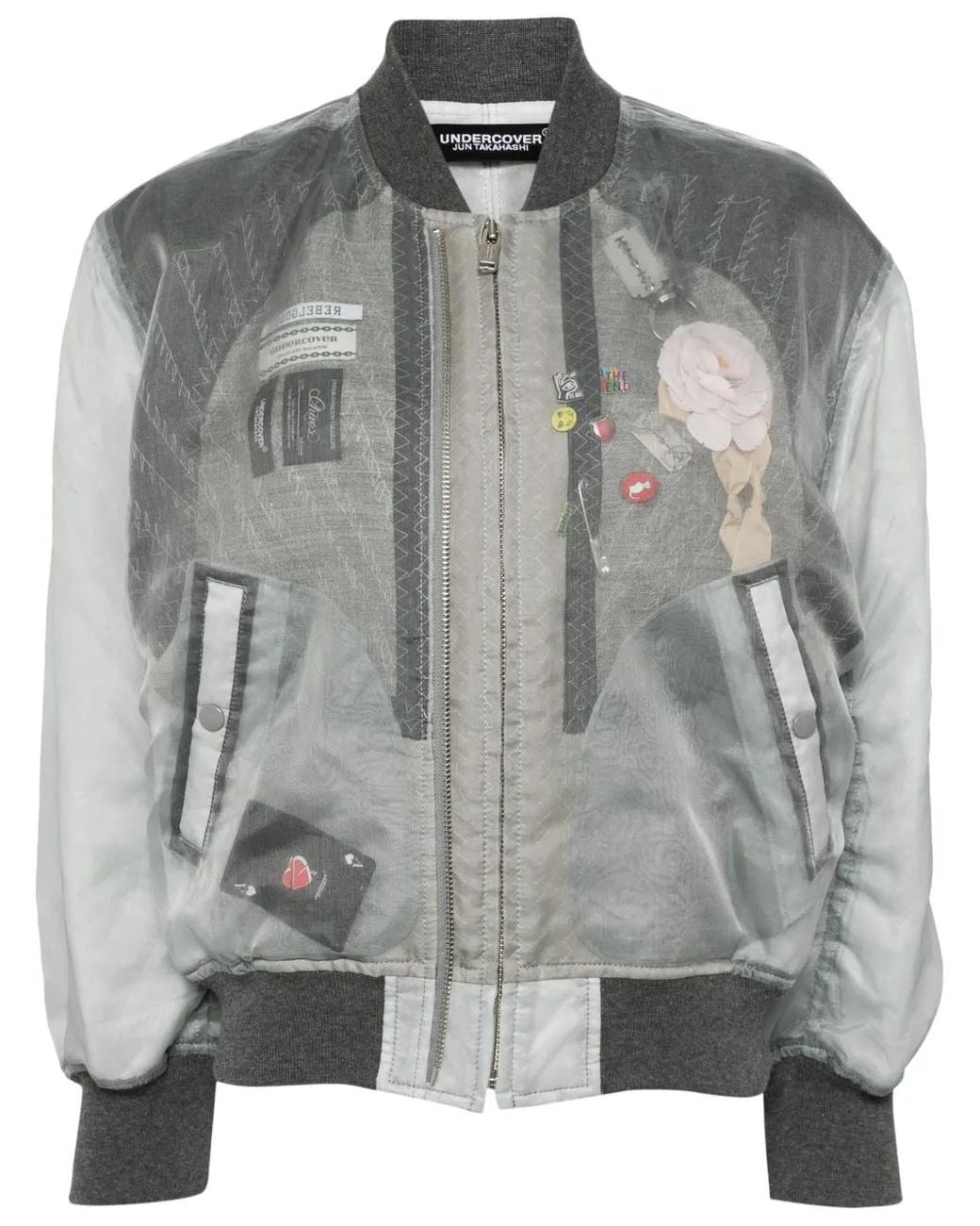 Undercover Gray Floral-Appliqué Layered Bomber Jacket