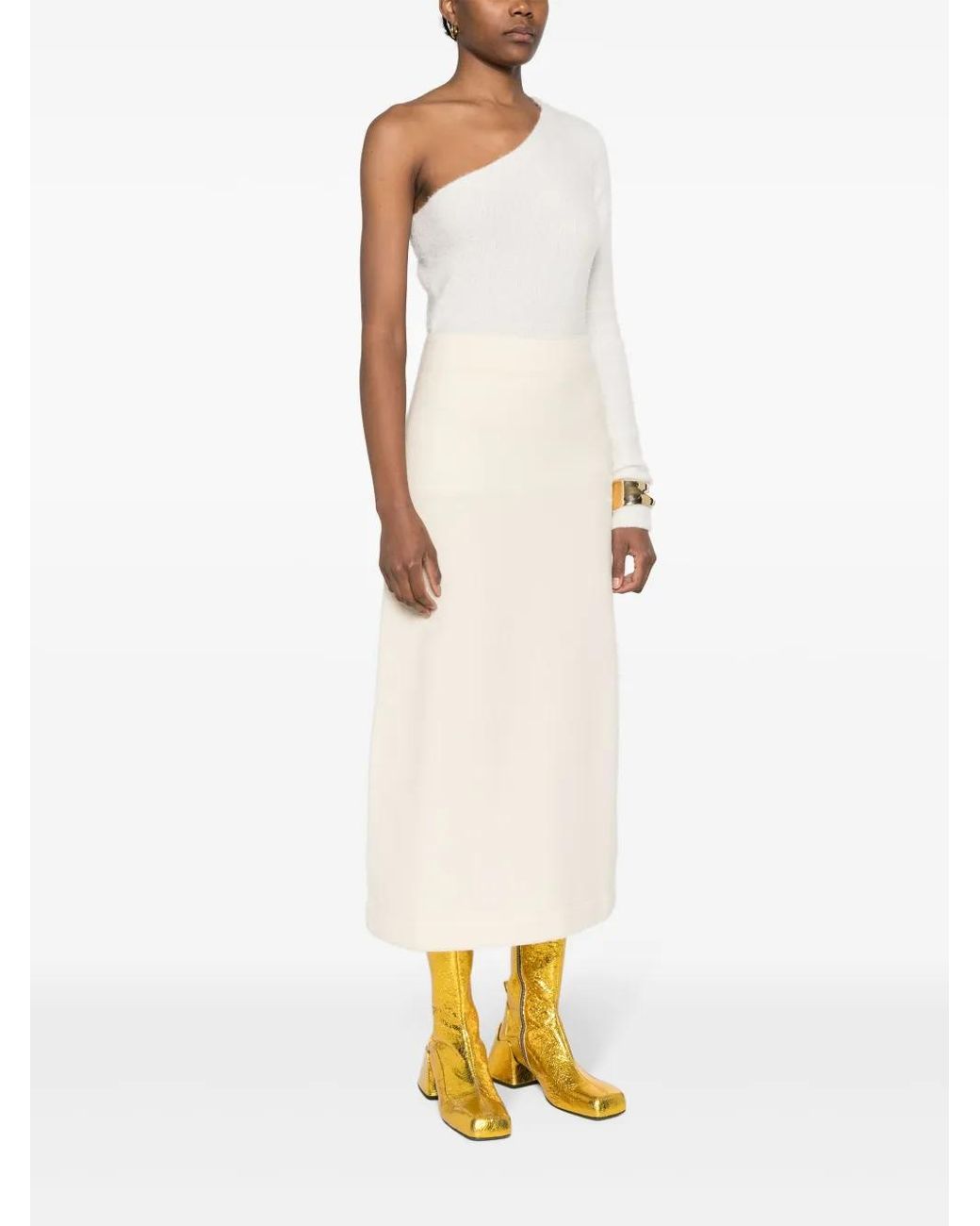 Jil Sander White Asymmetric Wool Midi Skirt