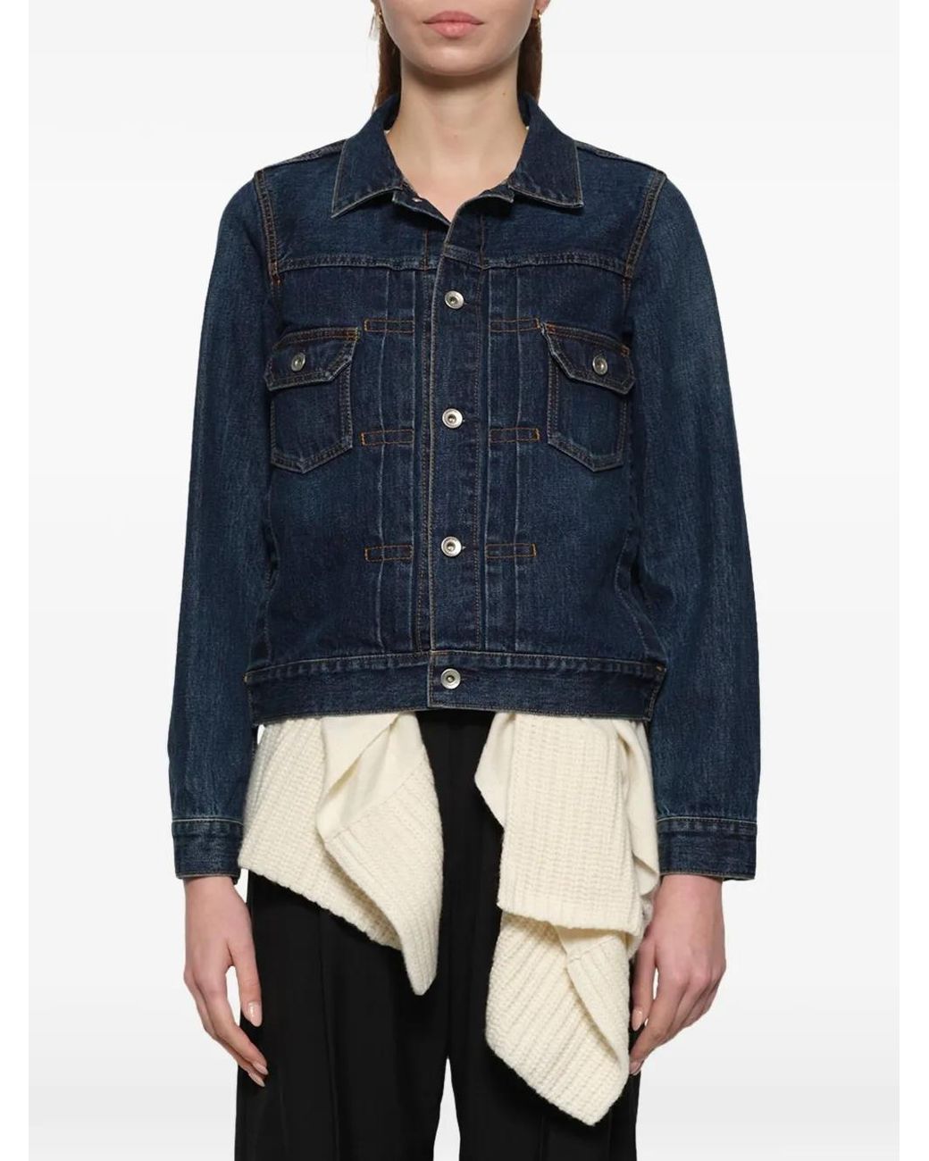 Sacai Blue Ribbed-Knit Panel Denim Jacket