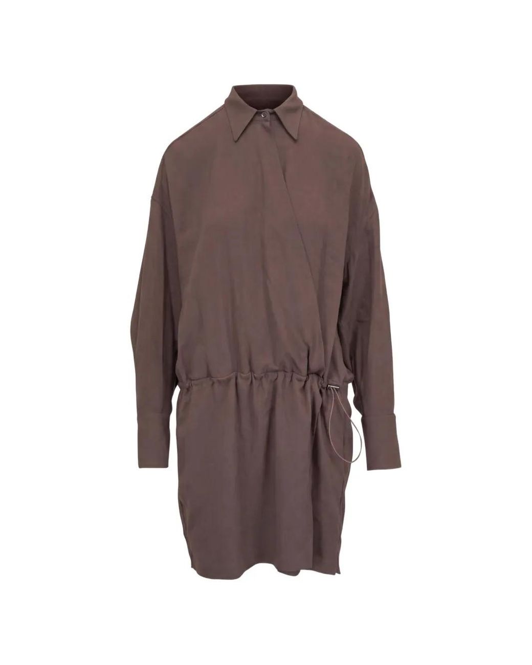 Brunello Cucinelli Brown Virgin Wool Fluid Twill Shirt Dress With Monili