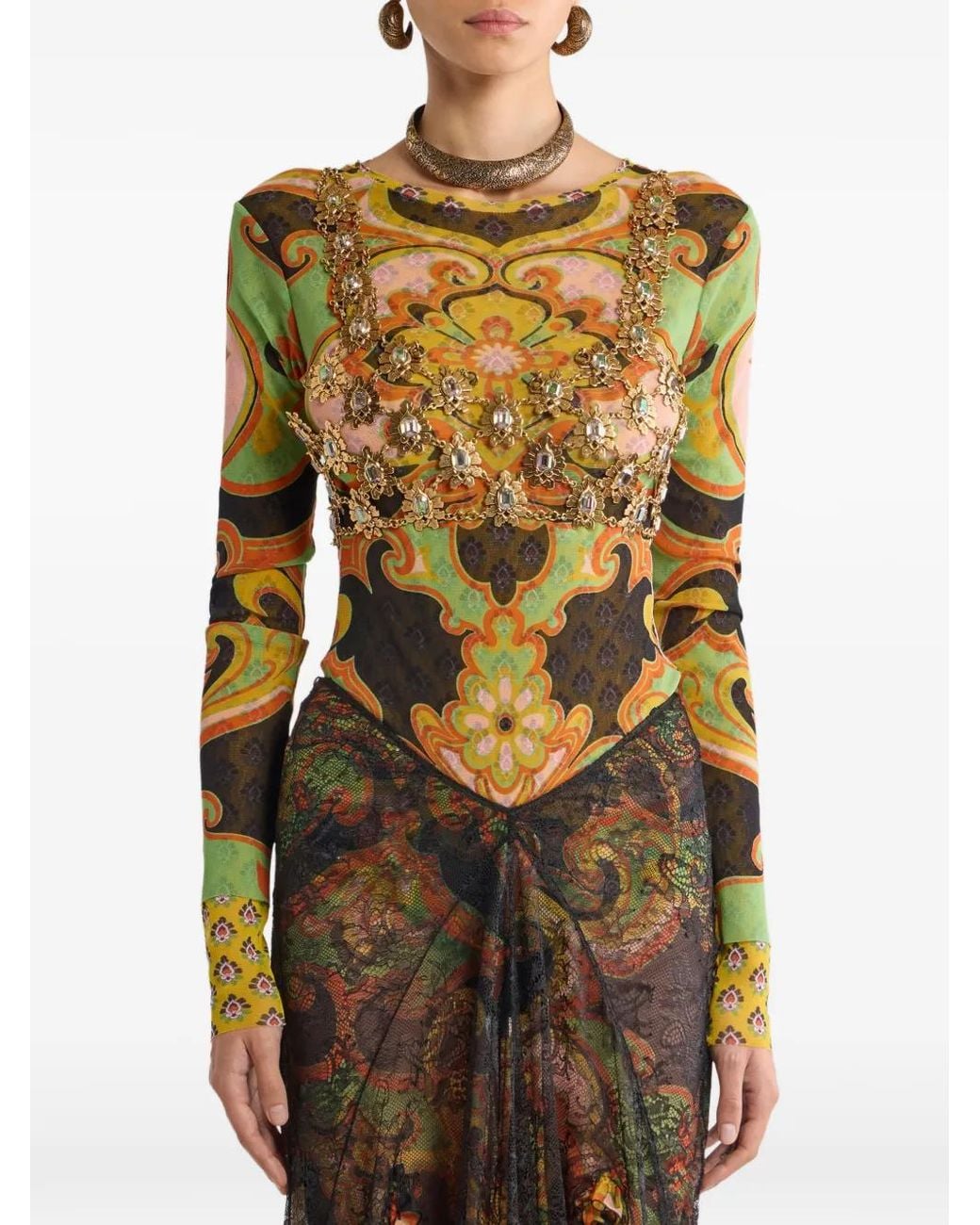 Etro Metallic See-Through Metal Crop Top With Crystals
