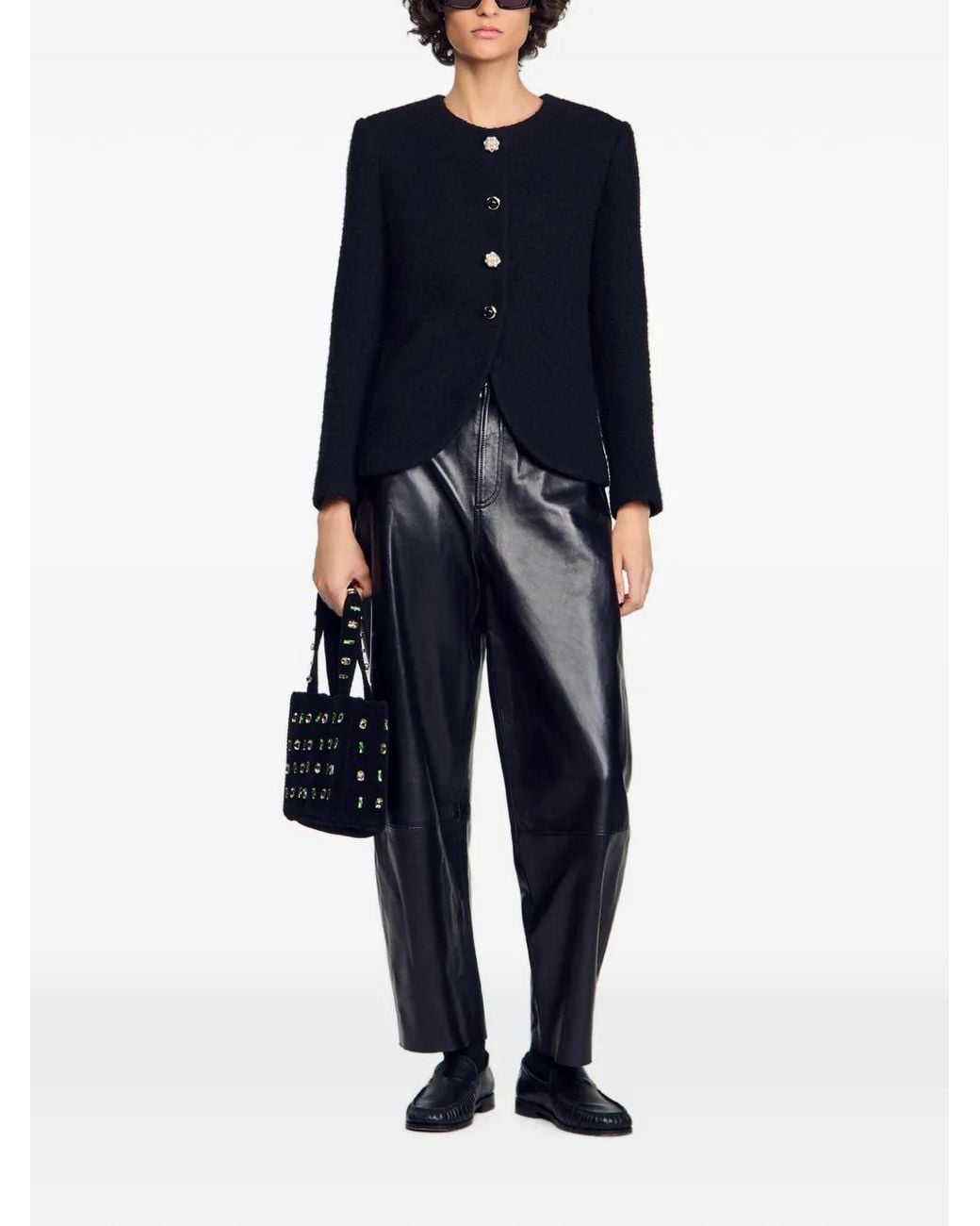 Sandro Black Jewel-Button Round-Neck Blazer