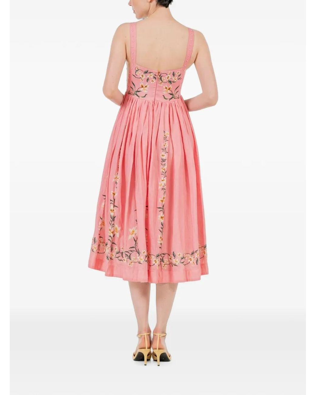 Agua Bendita Pink Mielero Promesa Floral-Embroidered Midi Dress