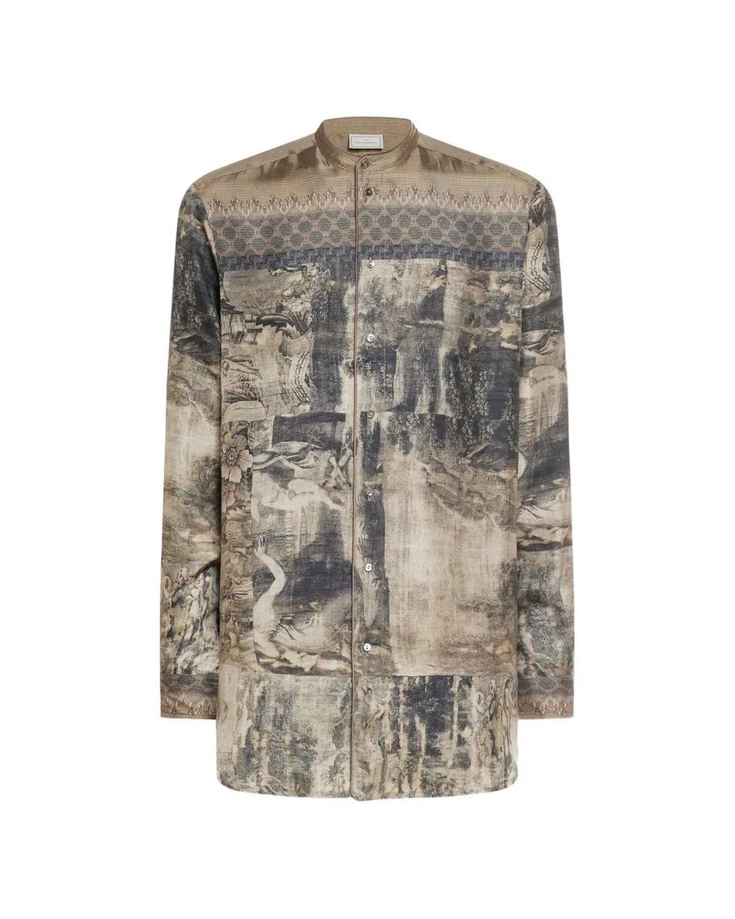 Pierre Louis Mascia Gray Aloe Band Collar Tapestry Print Longsleeve Shirt