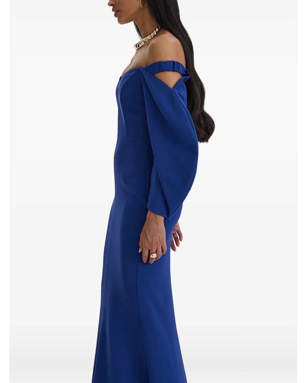 MOOS STUDIO Blue Muse Off-Shoulder Balloon-Sleeve Gown