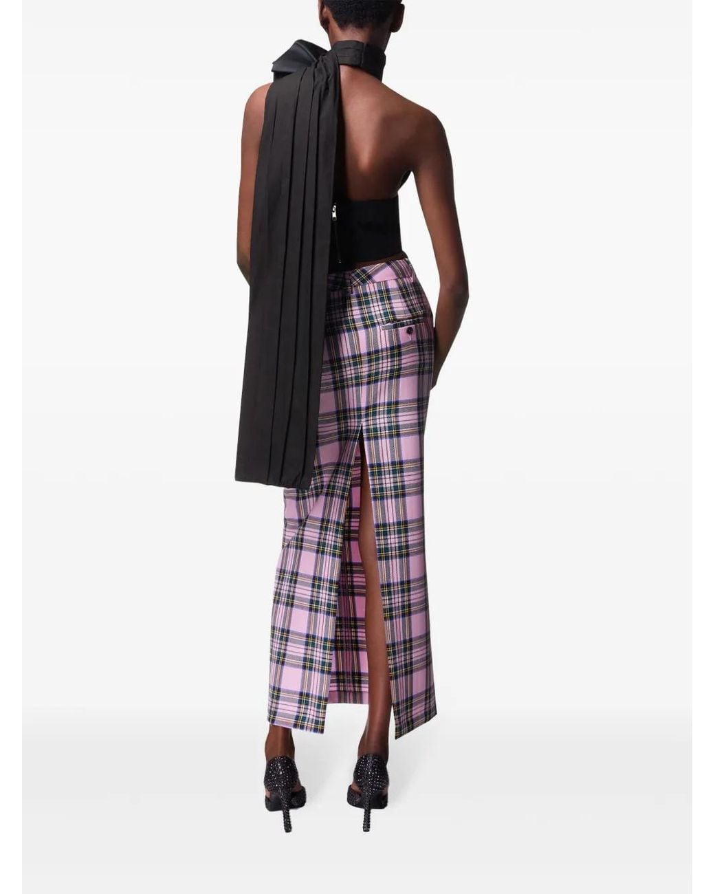 Area Pink Checked Wool Midi Skirt