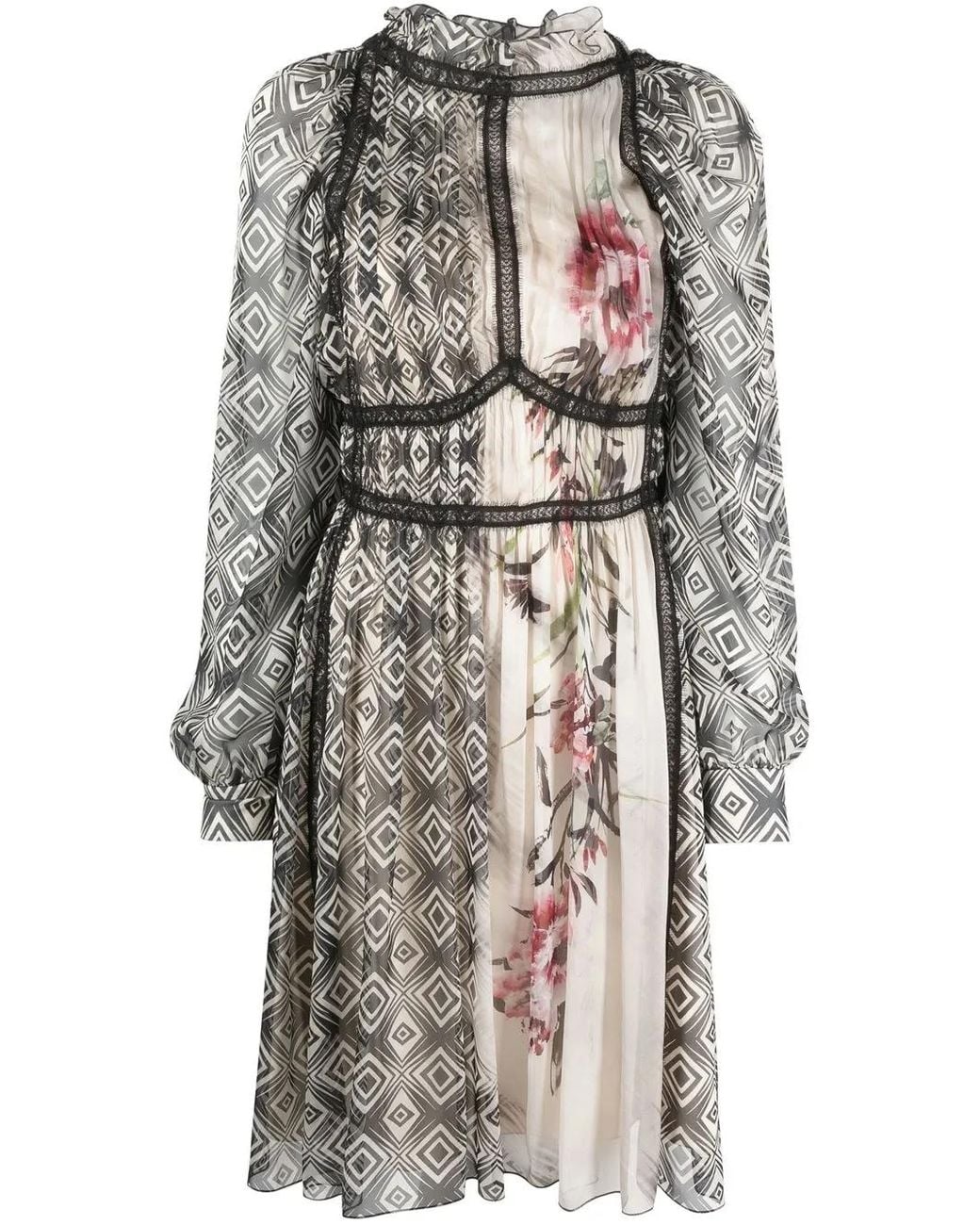 Alberta Ferretti Gray Geometric-Print Satin Dress