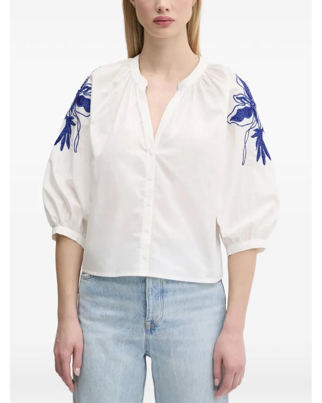 Desigual White Puff-Sleeves Beaded Floral Blouse