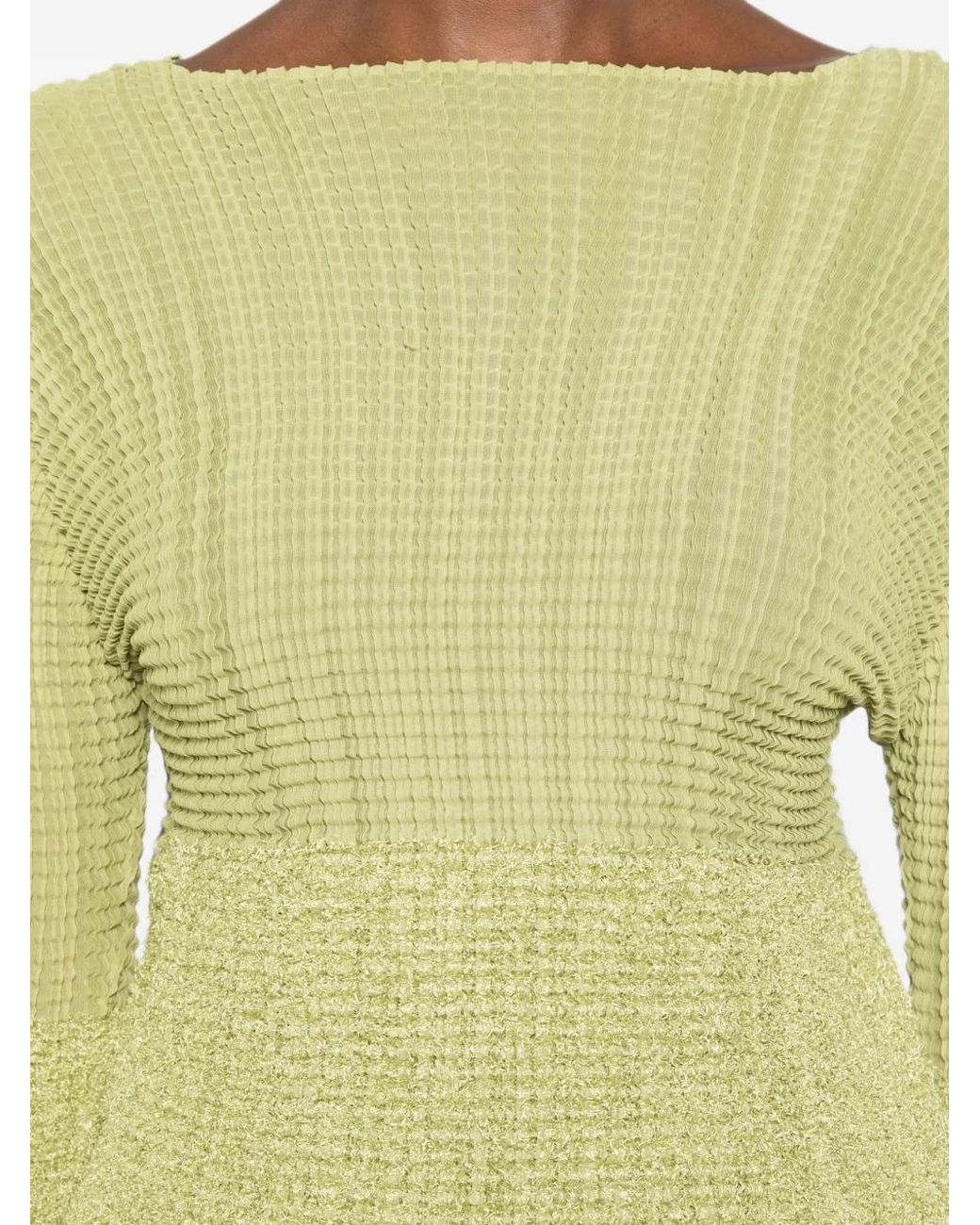 Issey Miyake Green Plissé-Effect Three-Quarter Sleeve Top