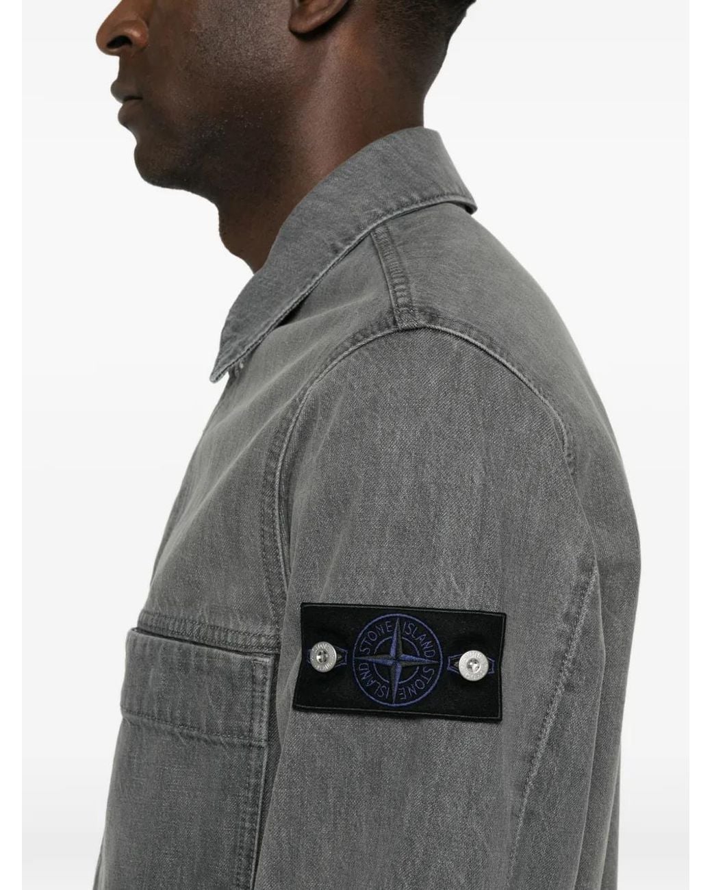 Stone Island Gray Logo-Patch Denim Jacket for men
