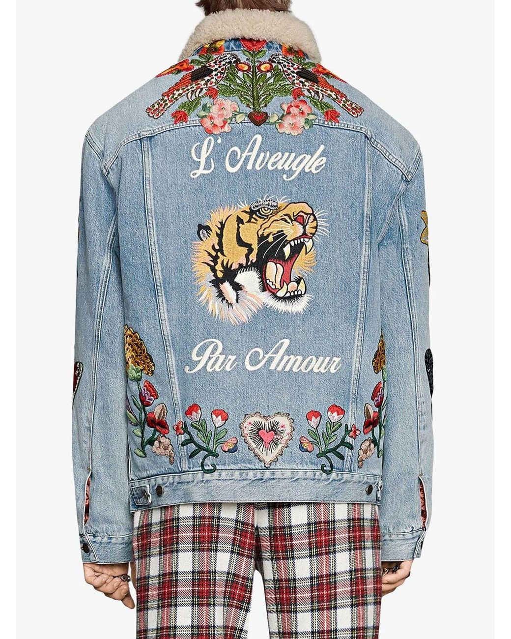 embroidered denim jacket with shearling