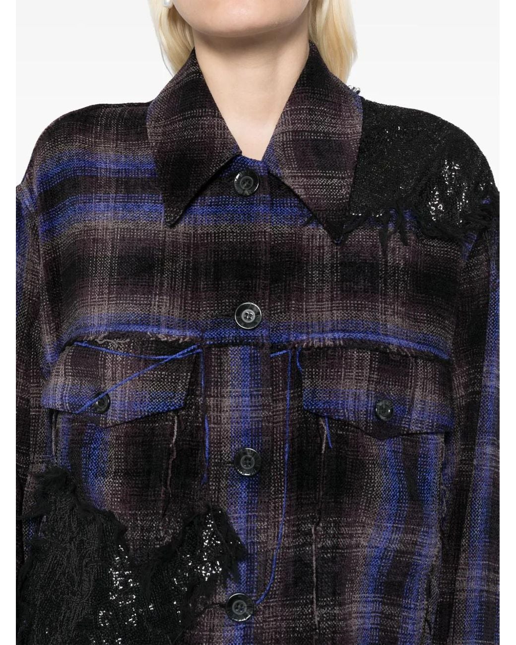 Song For The Mute Blue Embellished Check Pattern Jacket