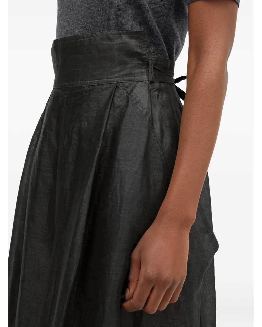Mark Kenly Domino Tan Black Nova Light Ramie Pleated Wrap Midi Skirt