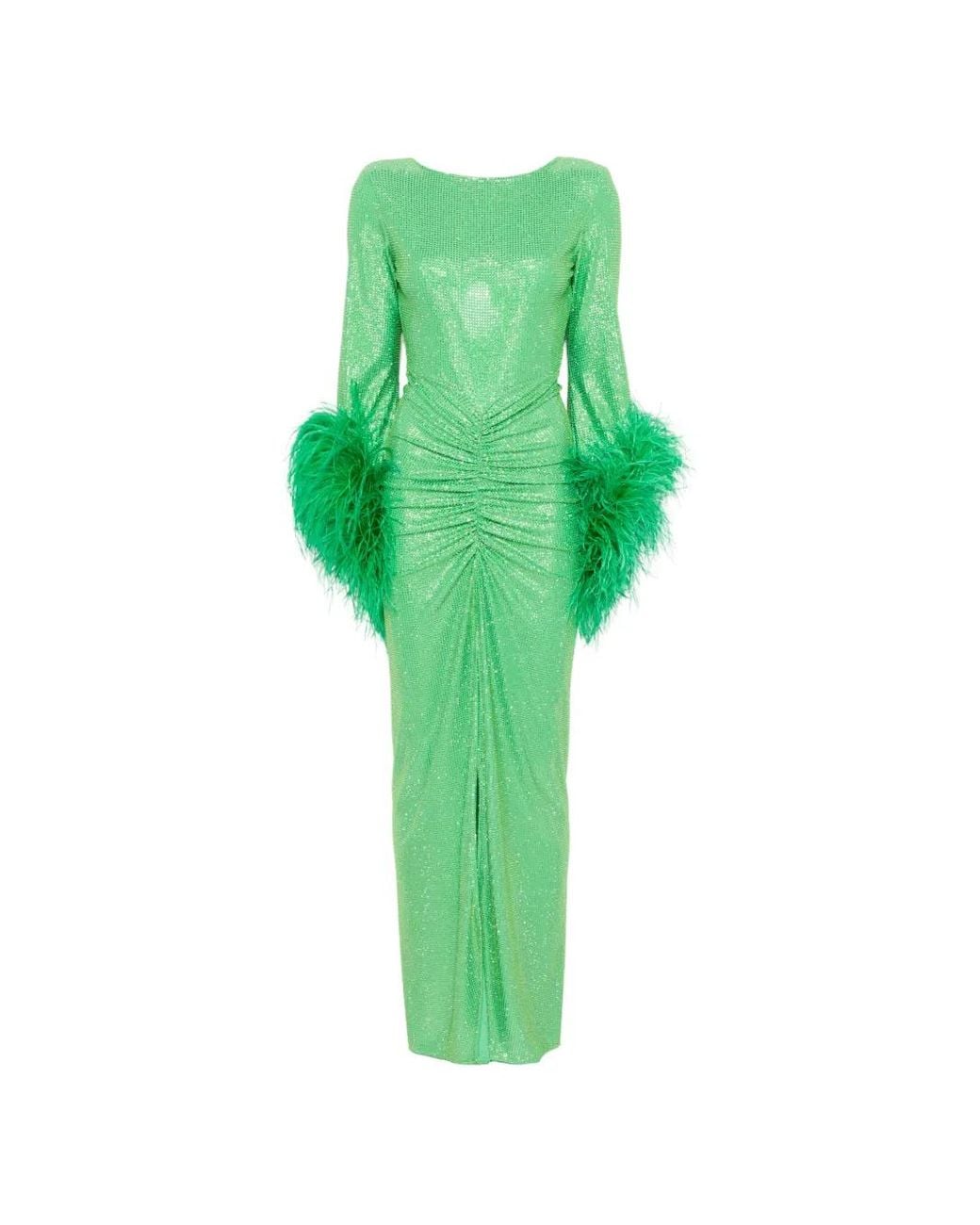 Miron Green Crystal-Embellished Feather-Trim Maxi Dress