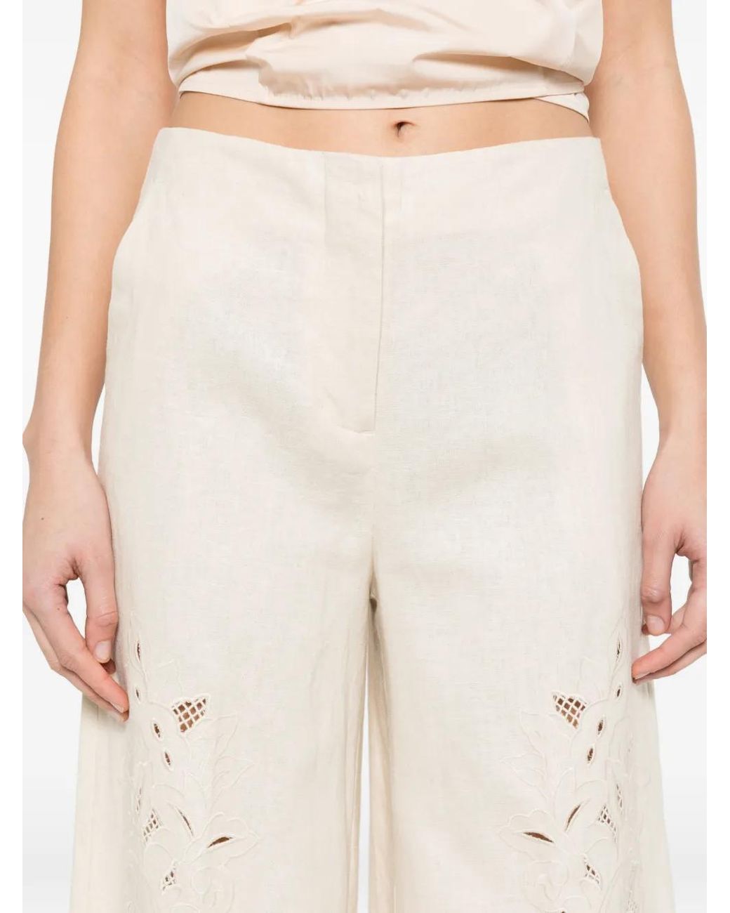 Twinset White Linen Blend Cropped Trousers With Embroidery