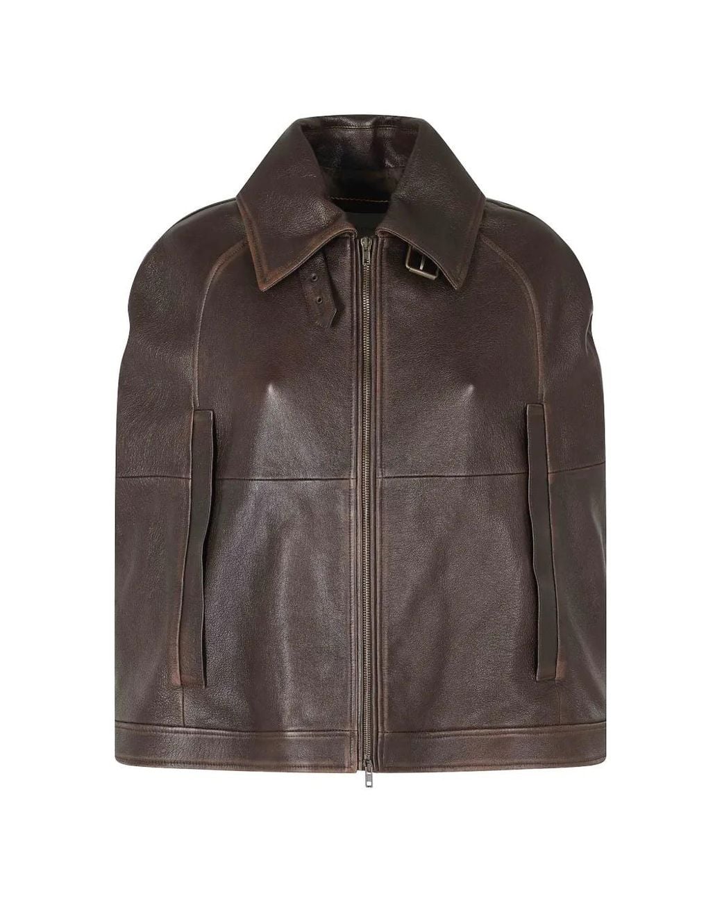 7 For All Mankind Brown Zip-Up Leather Cape