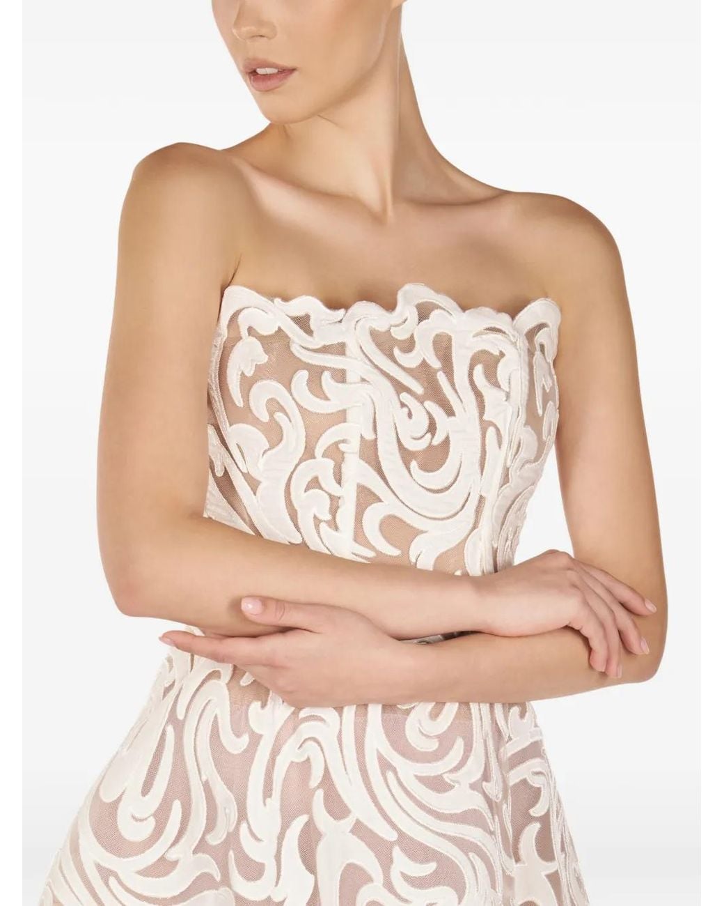 ARAFTU White Strapless Patterned Midi Dress