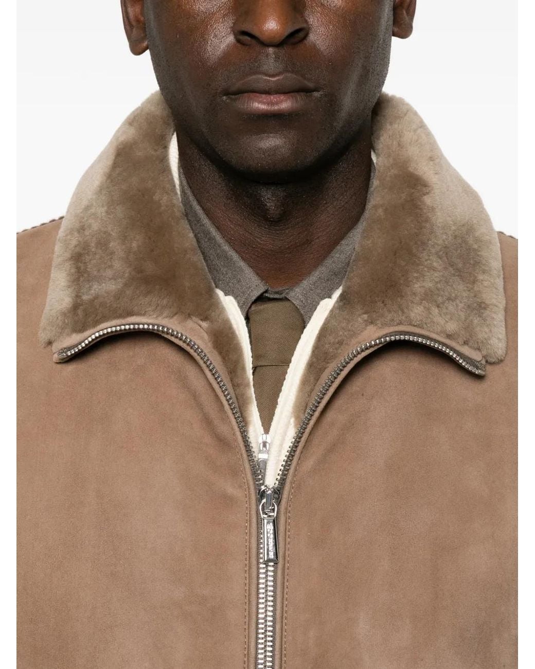 Moorer Brown Shearling-Collar Panelled Jacket for men