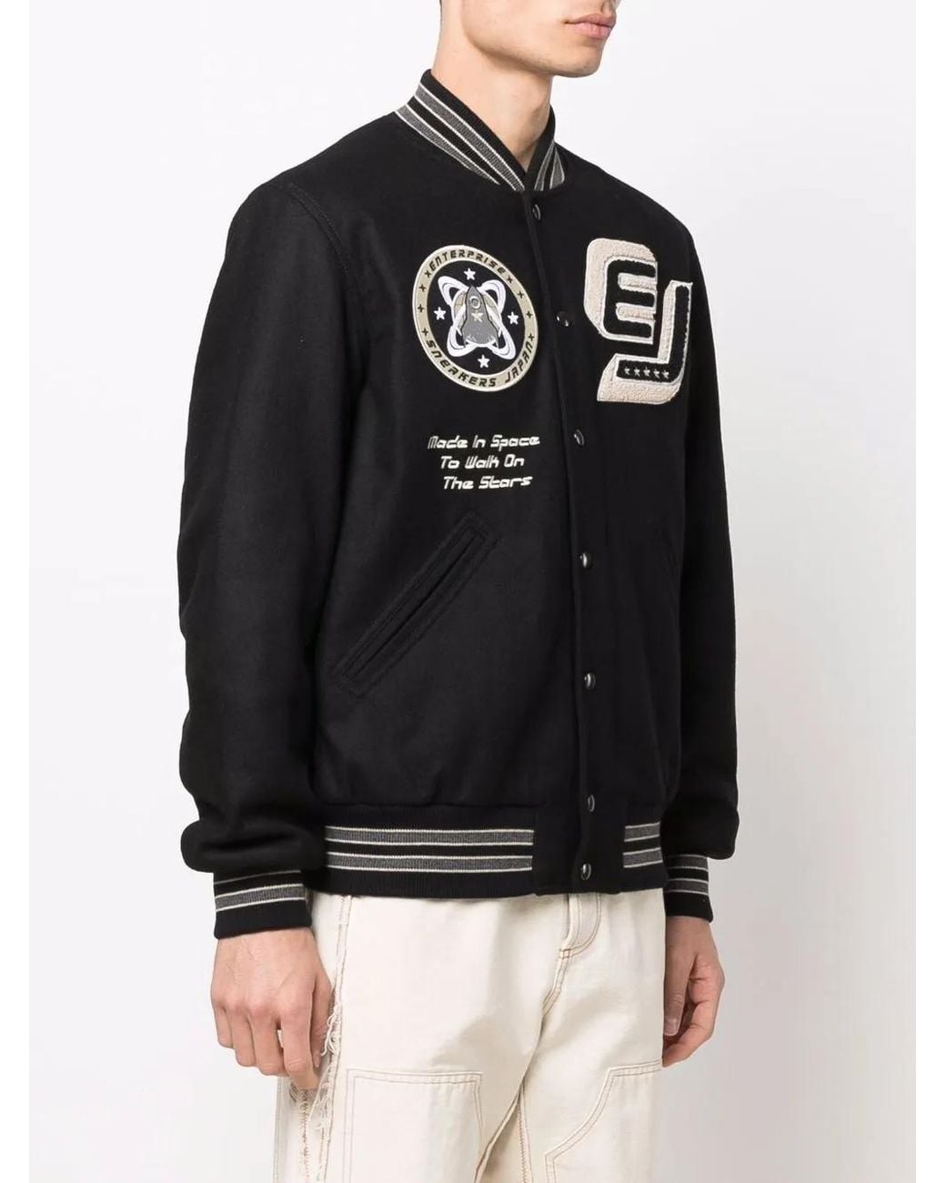 ENTERPRISE JAPAN Black Varsity Patch-Detail Bomber Jacket for men