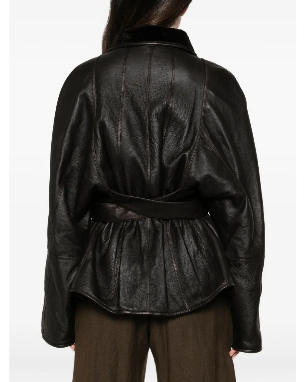 Petar Petrov Black Belted Shearling-Collar Jacket