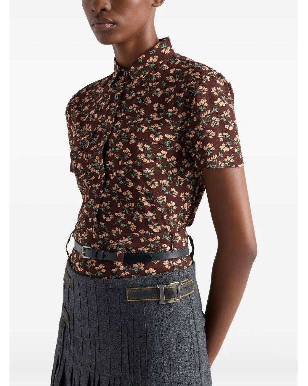 Prada Blouse Met Opgestikte Zak En Bloemenprint in het Brown