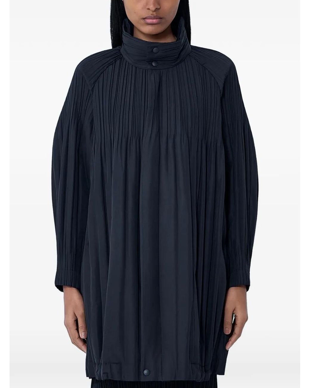 Pleats Please Issey Miyake Blue High-Neck Pleated Coat