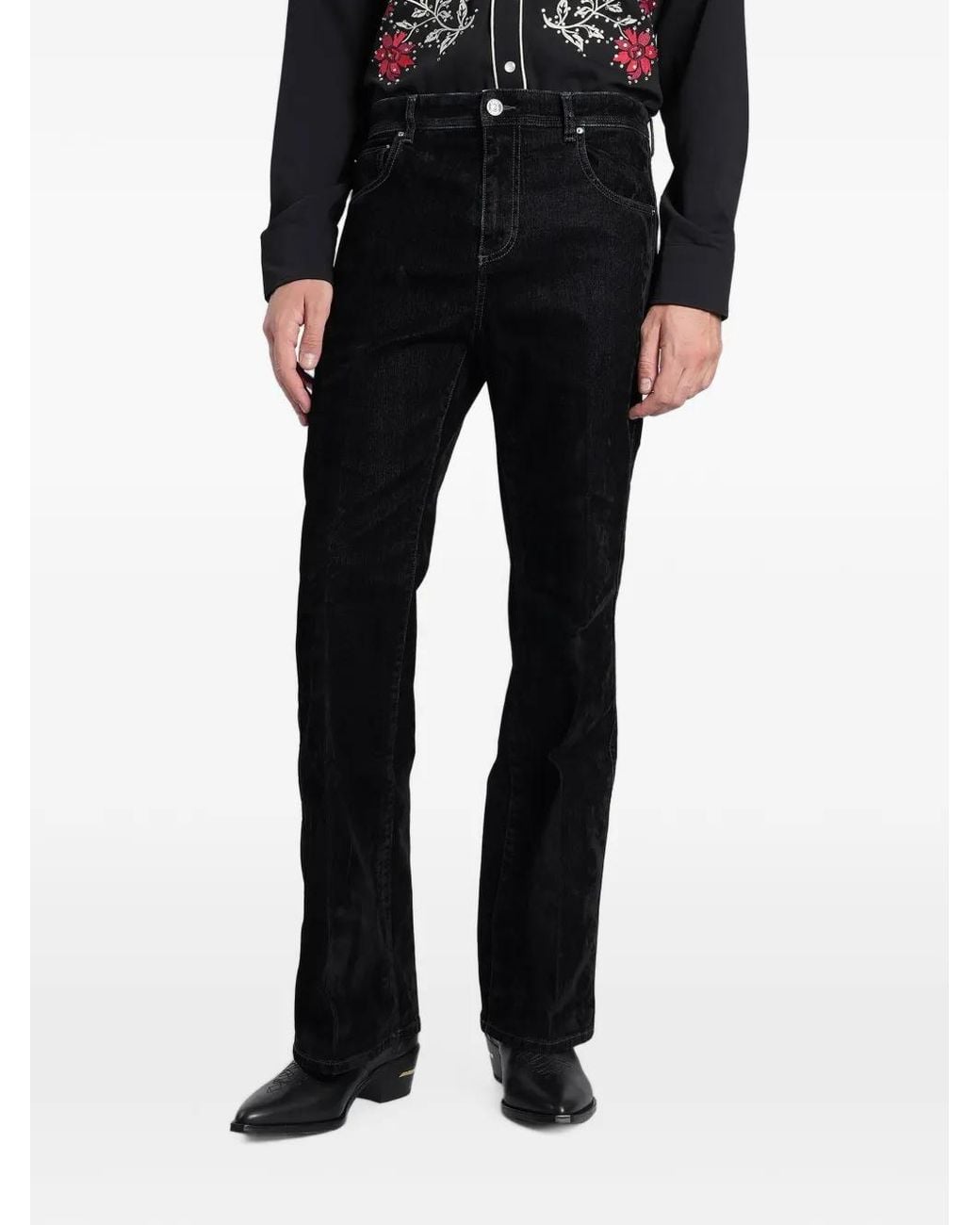Amiri Black Velvet-Finish Bootcut Jeans for men
