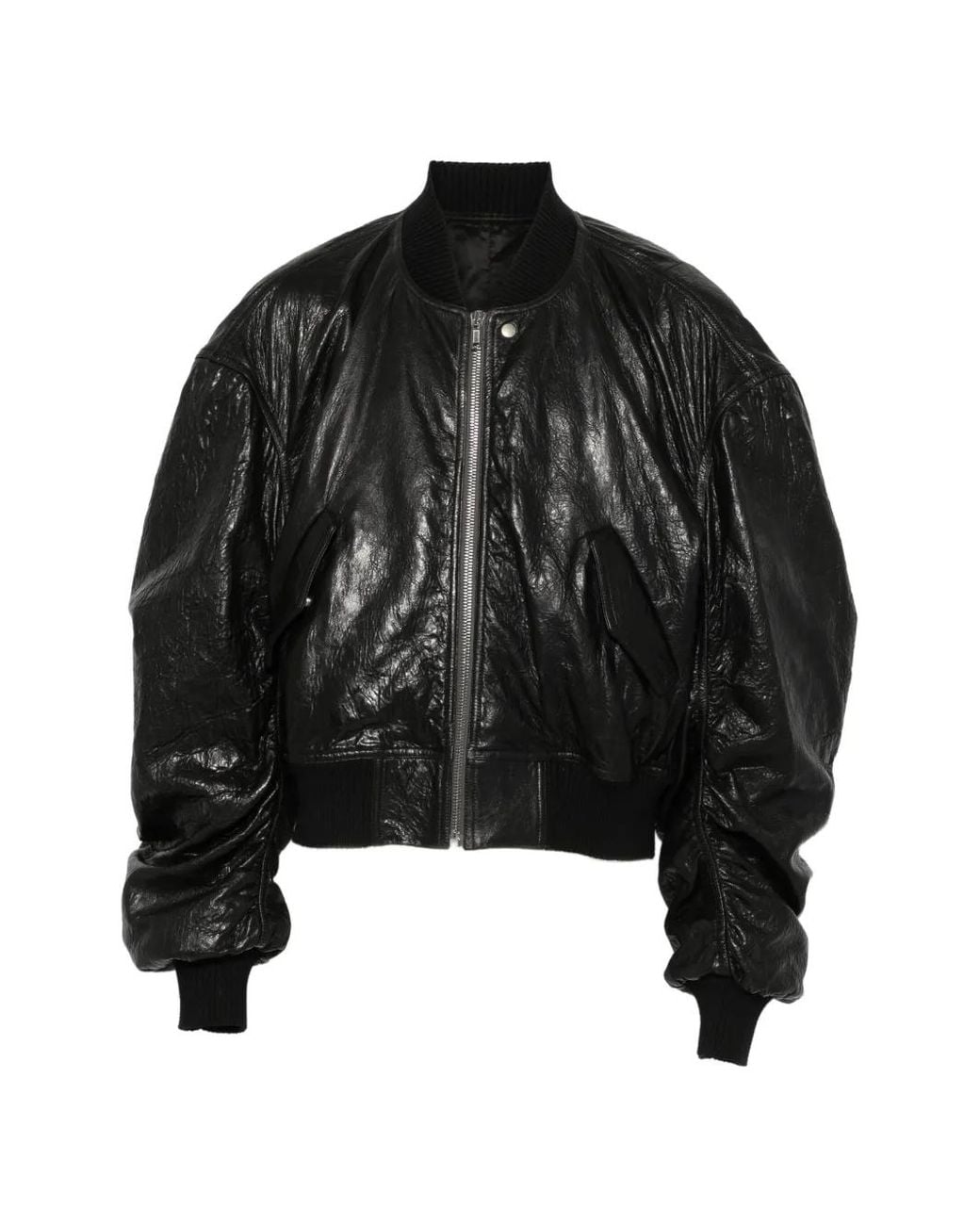 Rick Owens Black Crinkled-Leather Bomber Jacket for men