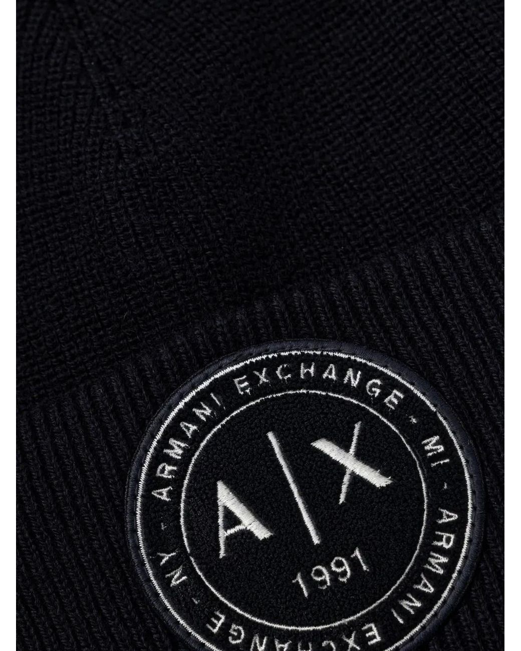 ARMANI EXCHANGE Black Logo-Patch Ribbed-Knit Beanie Hat for men