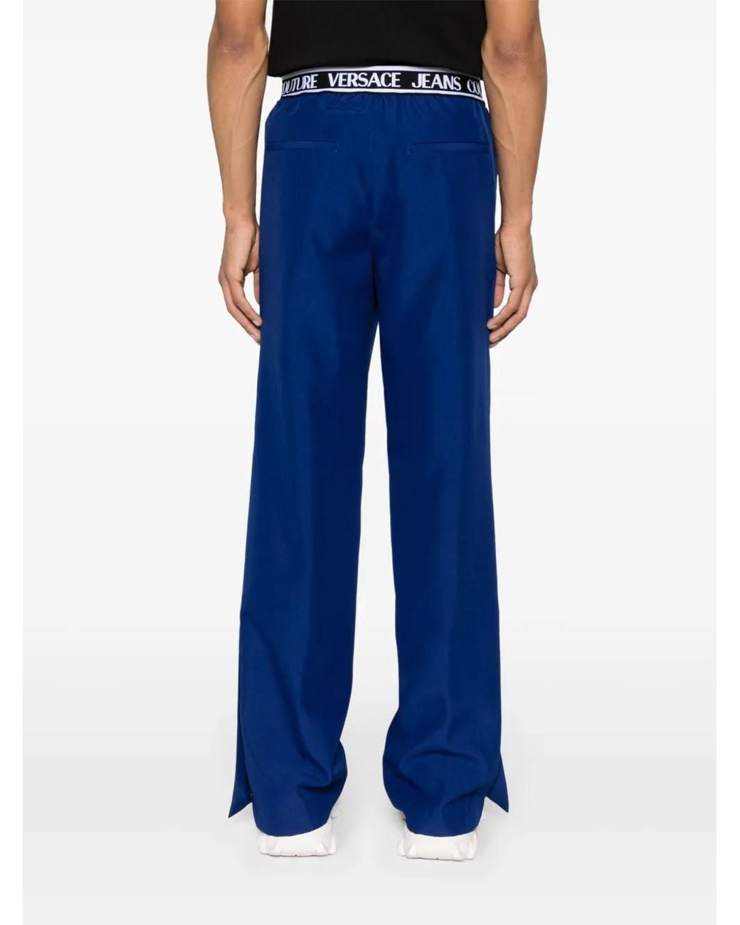 Versace Jeans Couture Blue Logo-Waistband Wide-Leg Trousers for men