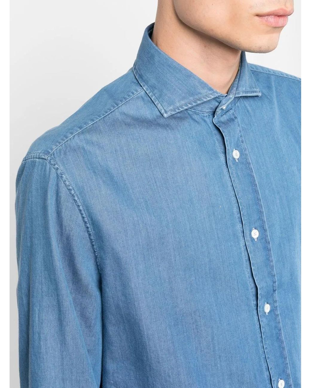 Brunello Cucinelli Blue Denim Cotton Shirt for men