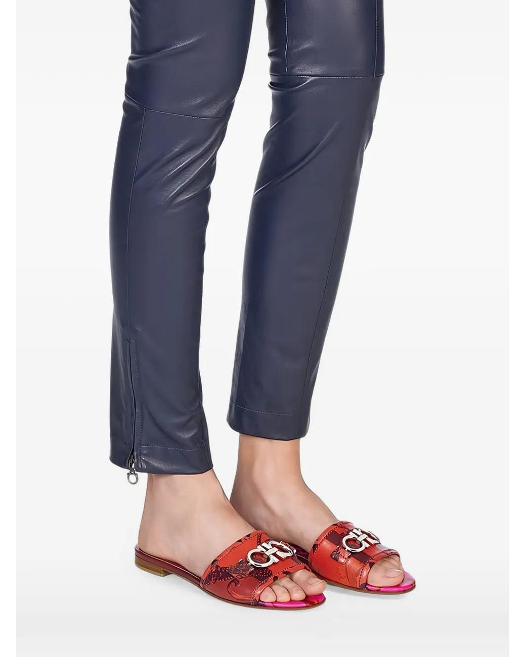 Ferragamo Blue Gancini Printed Leather Sandals