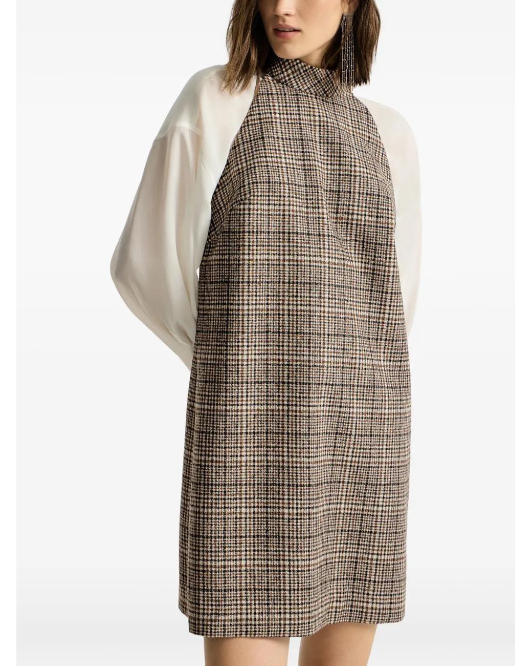 Brunello Cucinelli Natural Checked Alpaca And Wool Dress With Monili