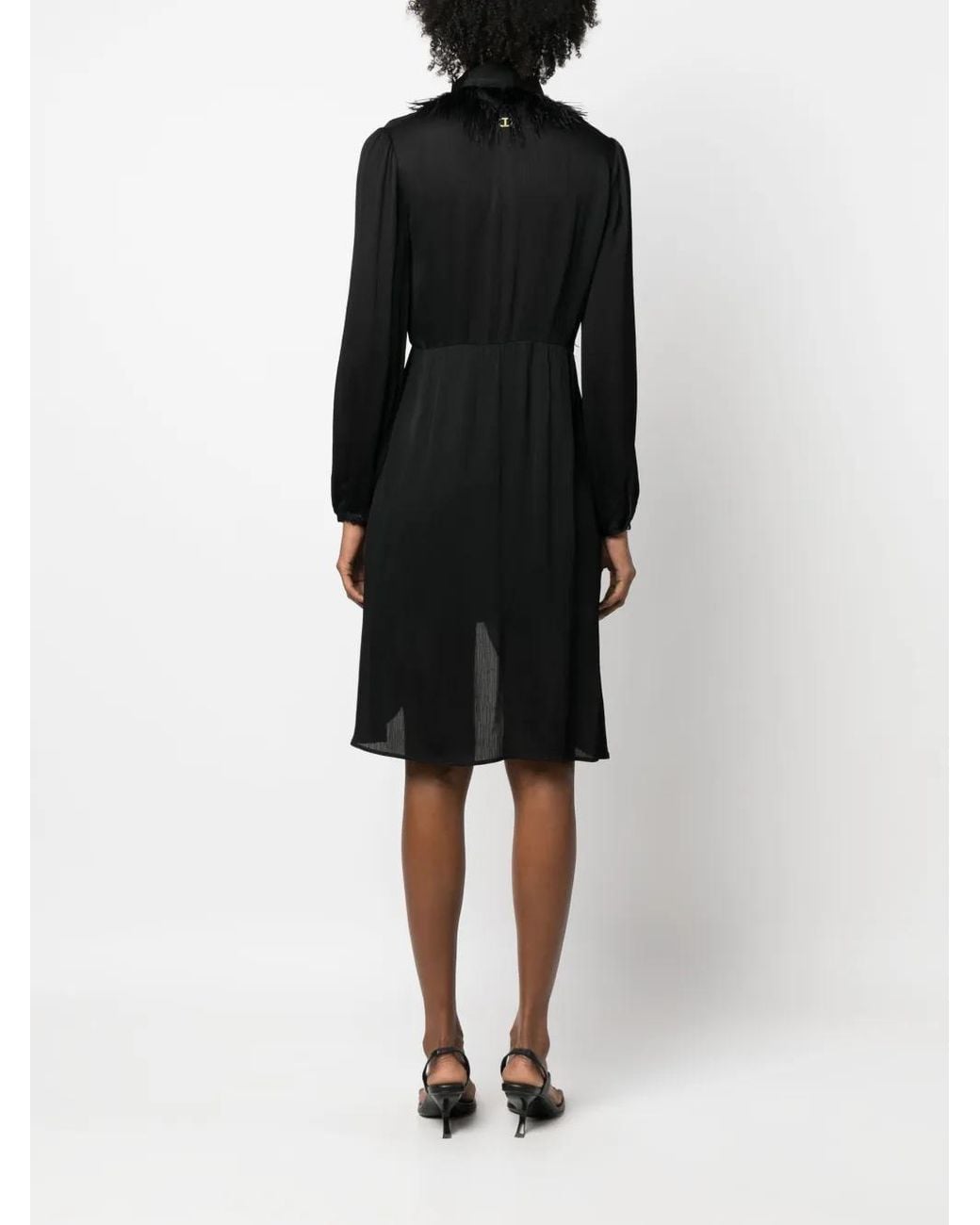 Twinset Black Feather-Trim Long-Sleeve Dress