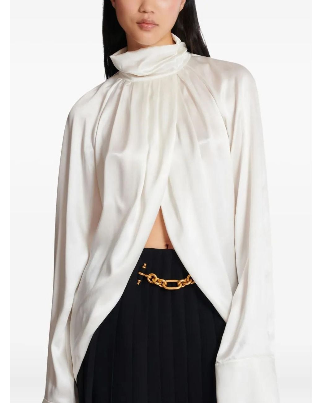 Balmain White Drapped Silk Blouse Shirt