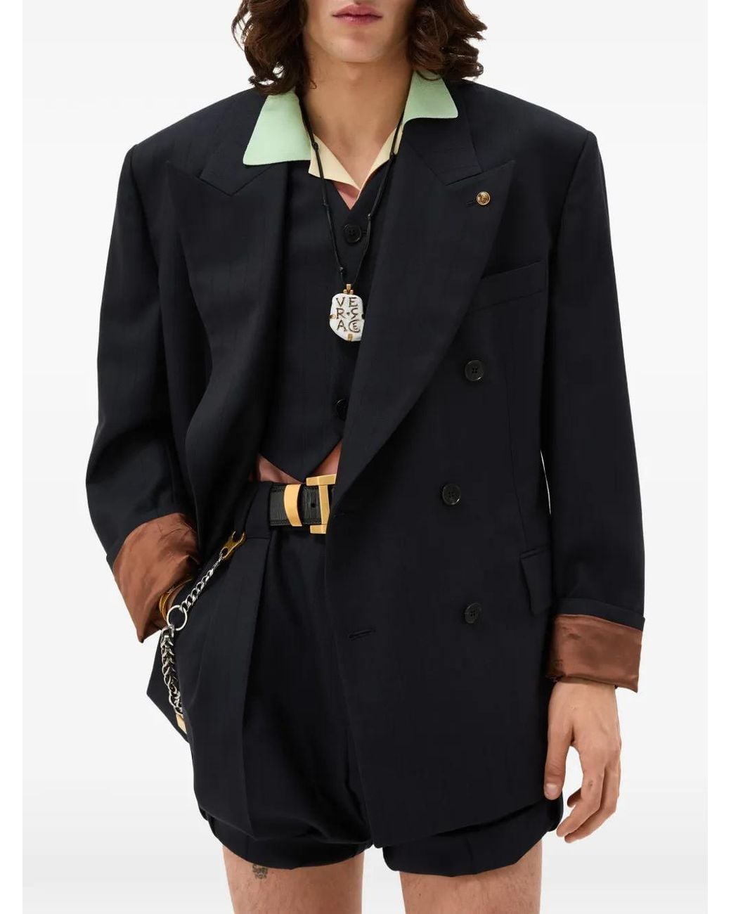 Versace Black Pinstripe Wool Boxy Blazer for men