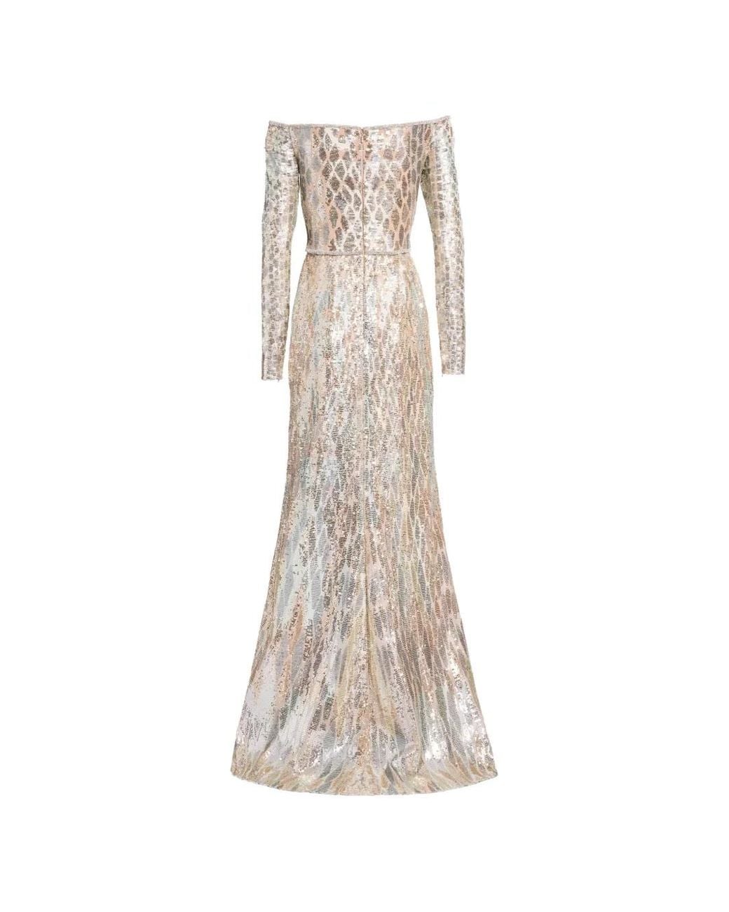Elie Saab White Sequin-Embellished Off-Shoulder Maxi Dress