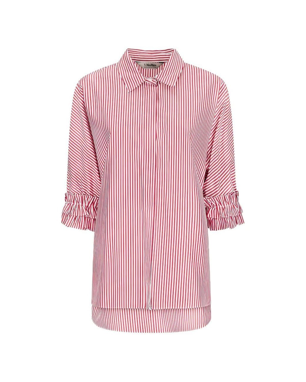 Max Mara Pink Vertical-Stripe Ruffled-Sleeve Shirt