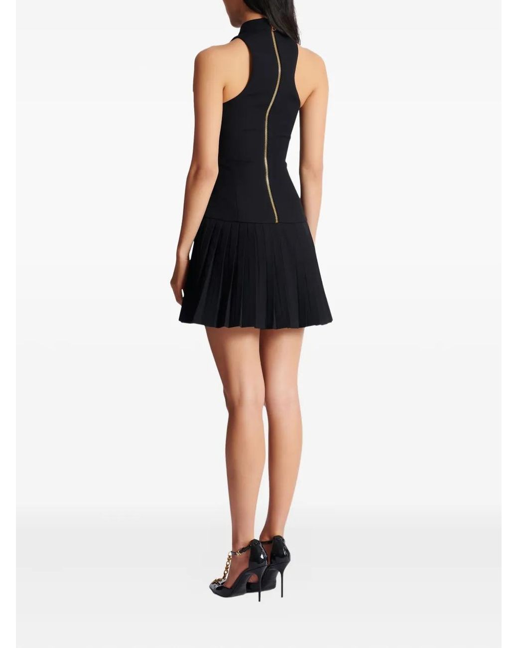 Balmain Blue Flared Grain De Poudre Dress With Belt Detail