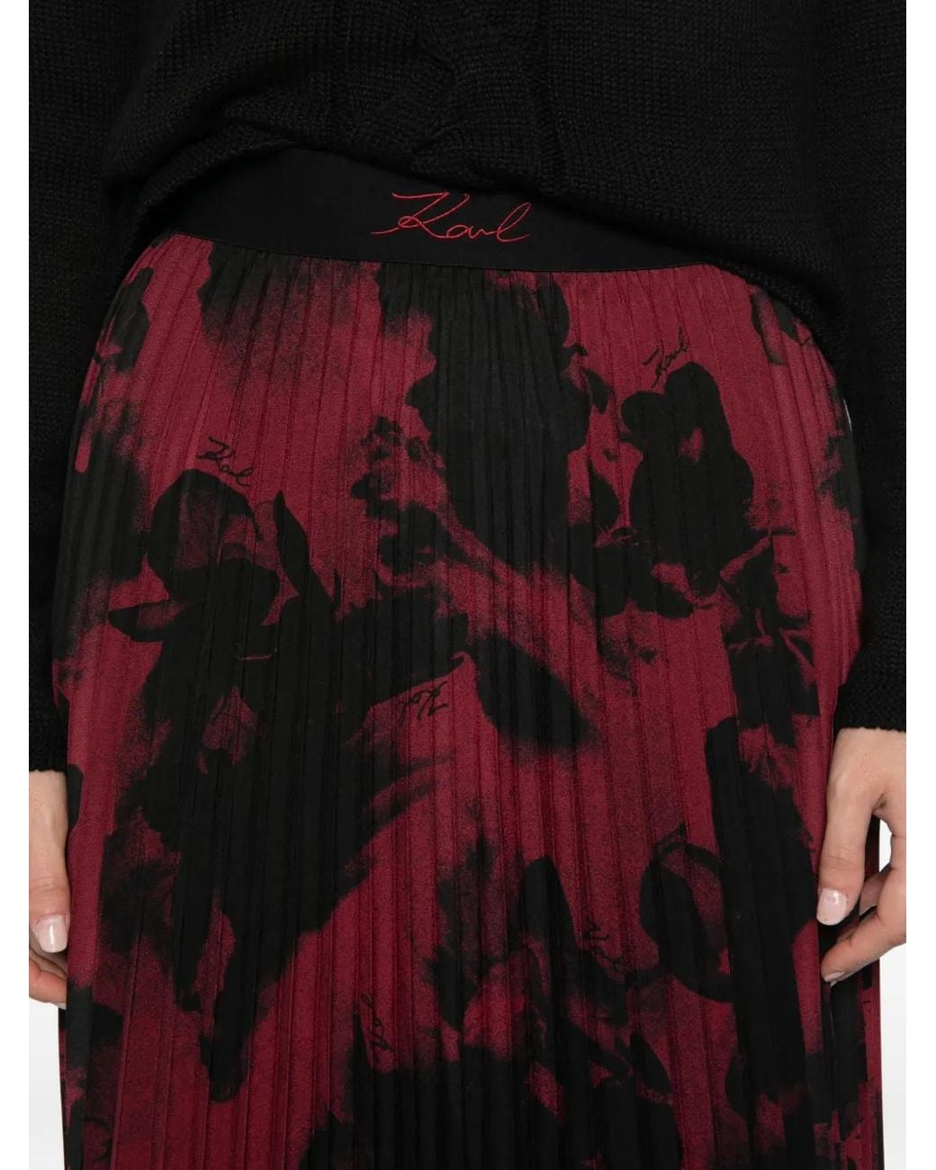 Karl Lagerfeld Red Floral-Print Pleated Skirt