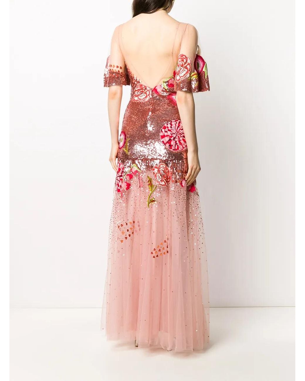 Temperley London Pink Floral-Embroidered Sequin Tulle Gown