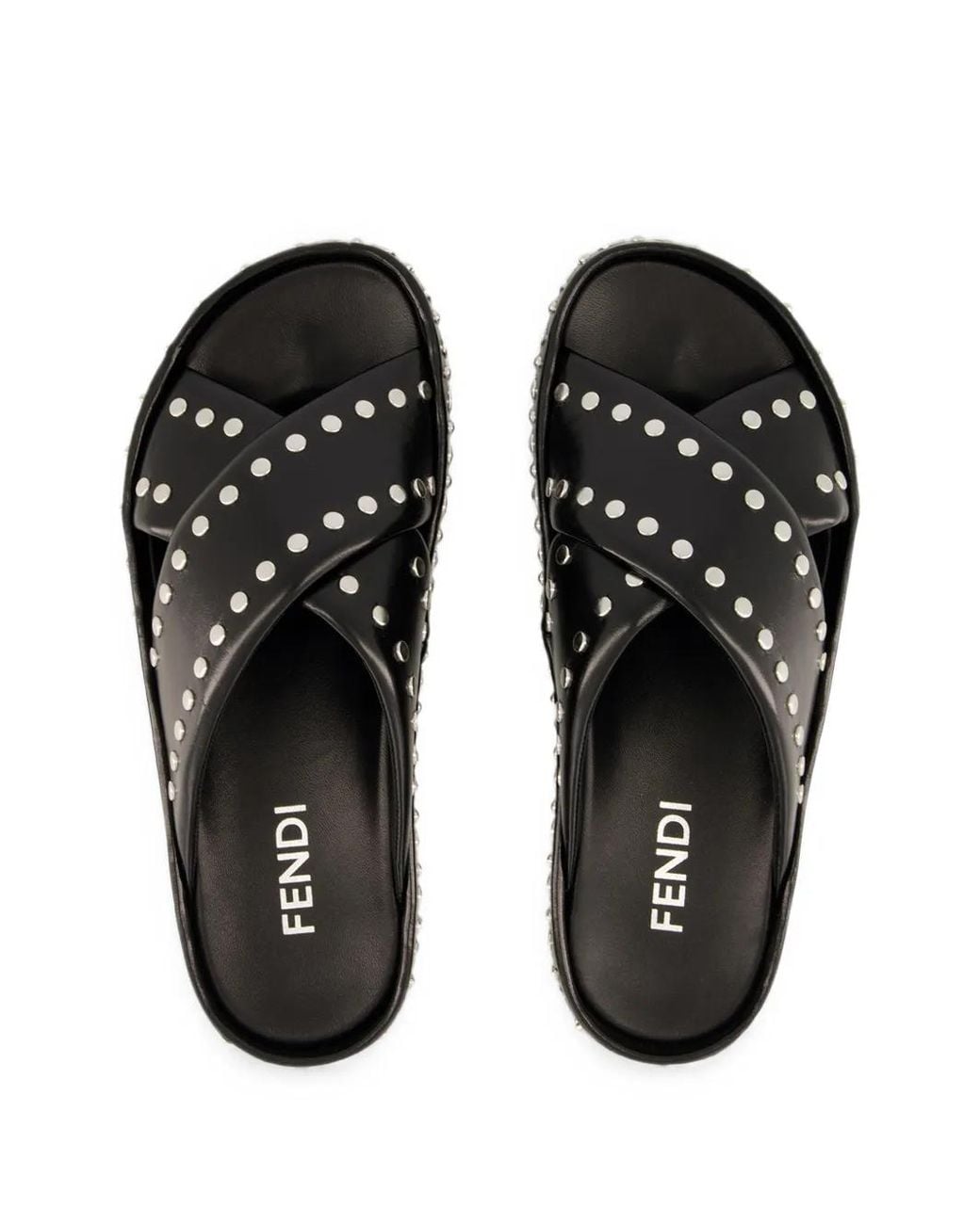 Fendi Black Stud-Embellished Crossover-Strap Slides