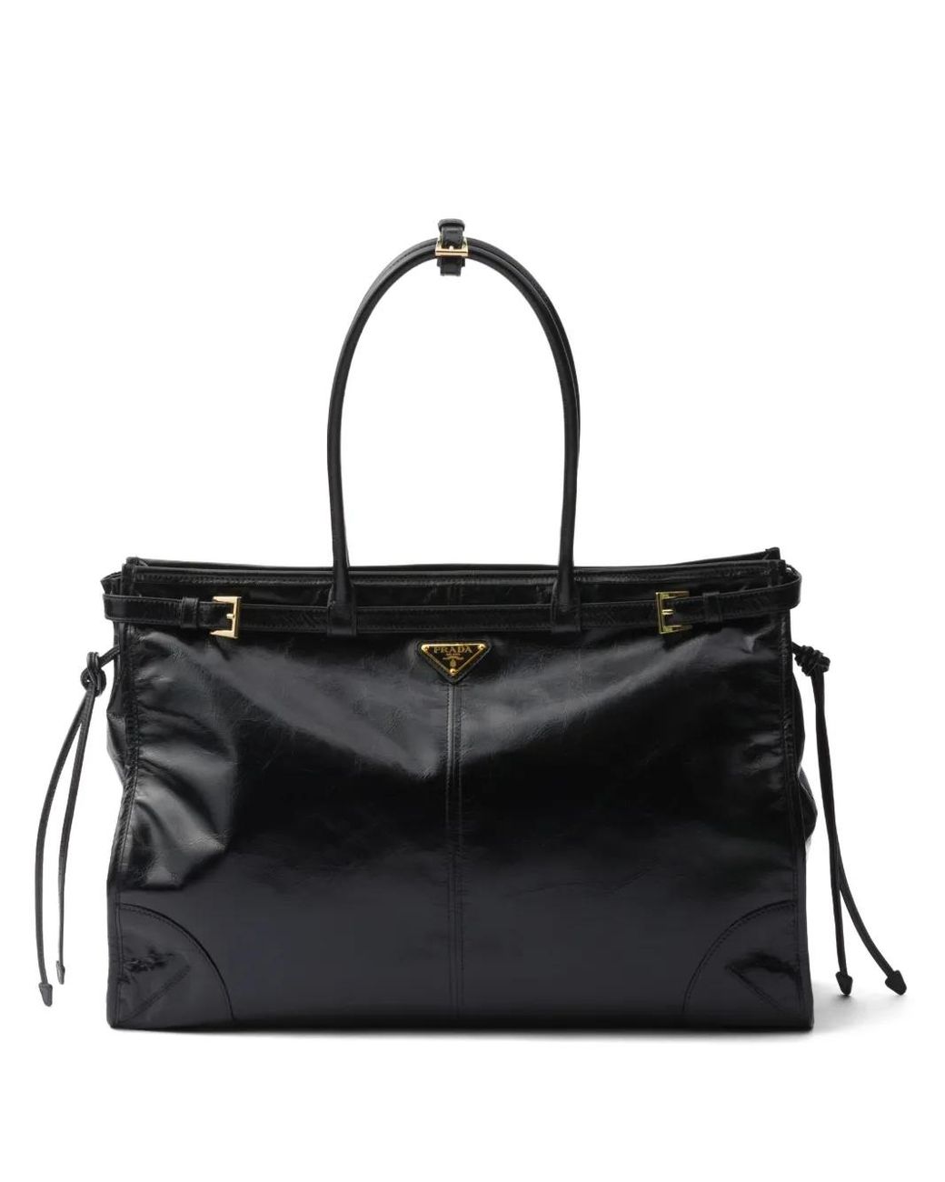 Prada Black Triangle Logo Leather Tote Bag