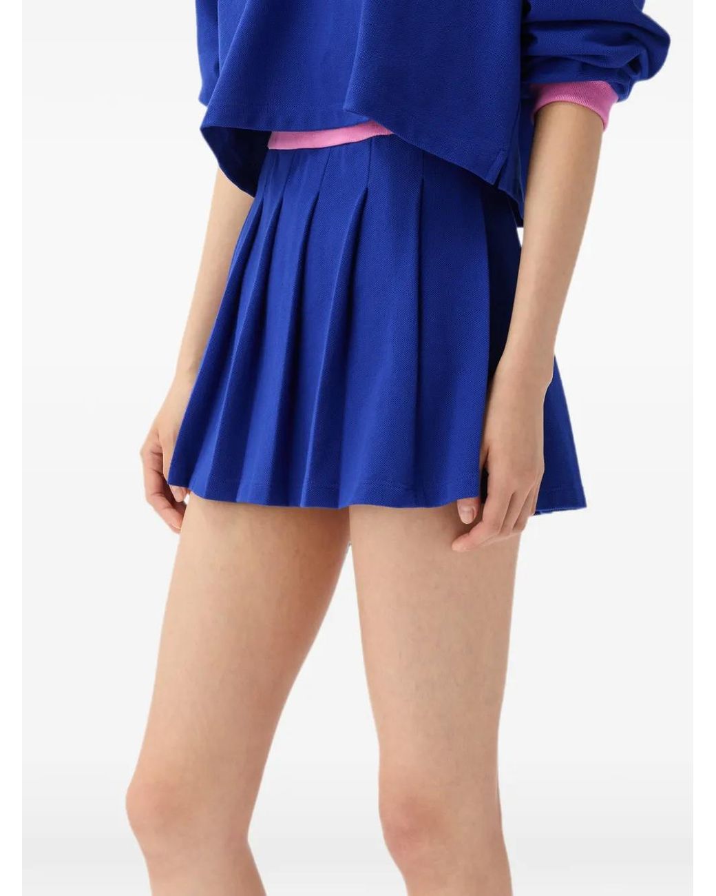 Versace Blue Minijupe Plissée En Coton Piqué À Logo Brodé