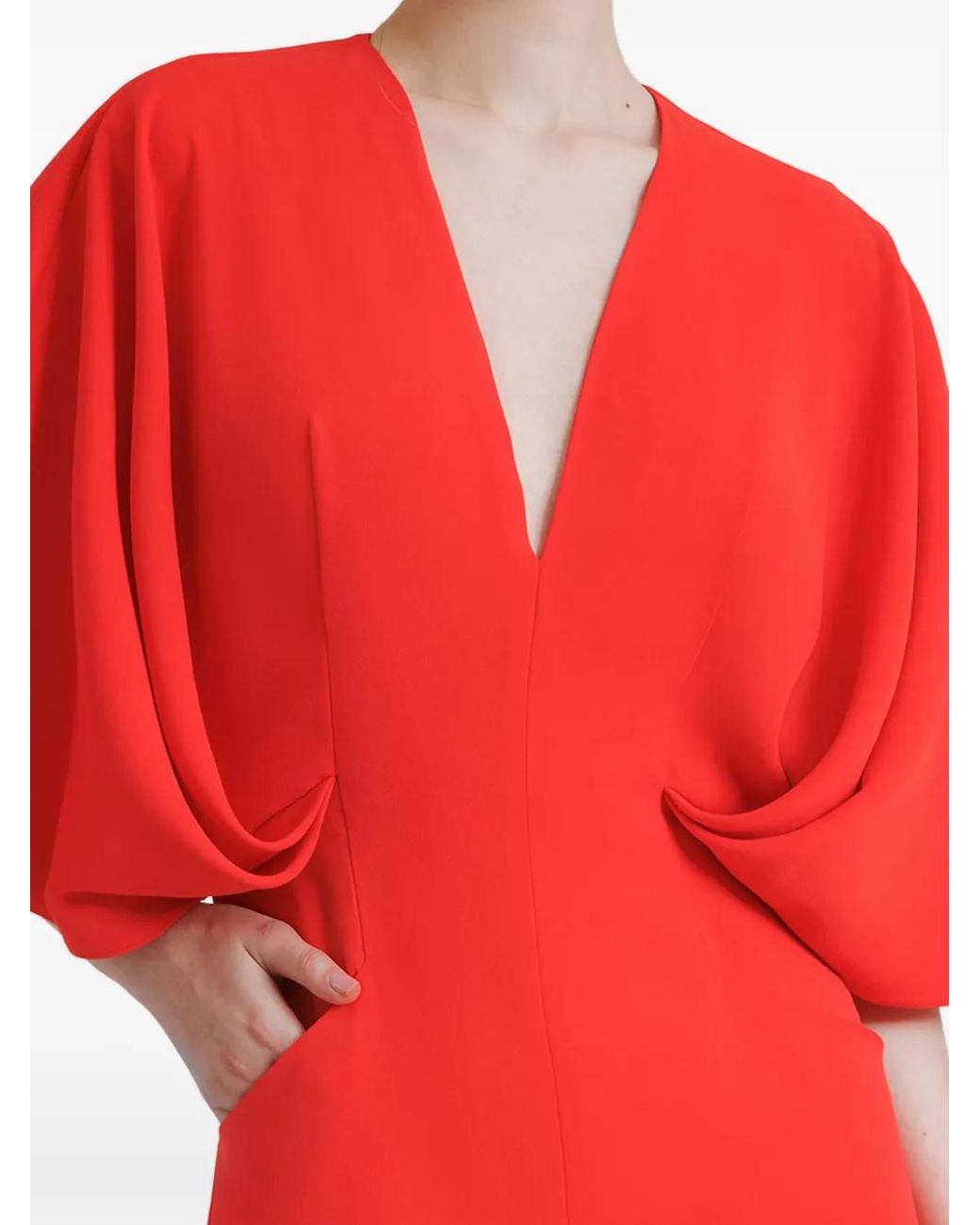 Gemy Maalouf Red V-Neck Cape-Sleeve Jumpsuit