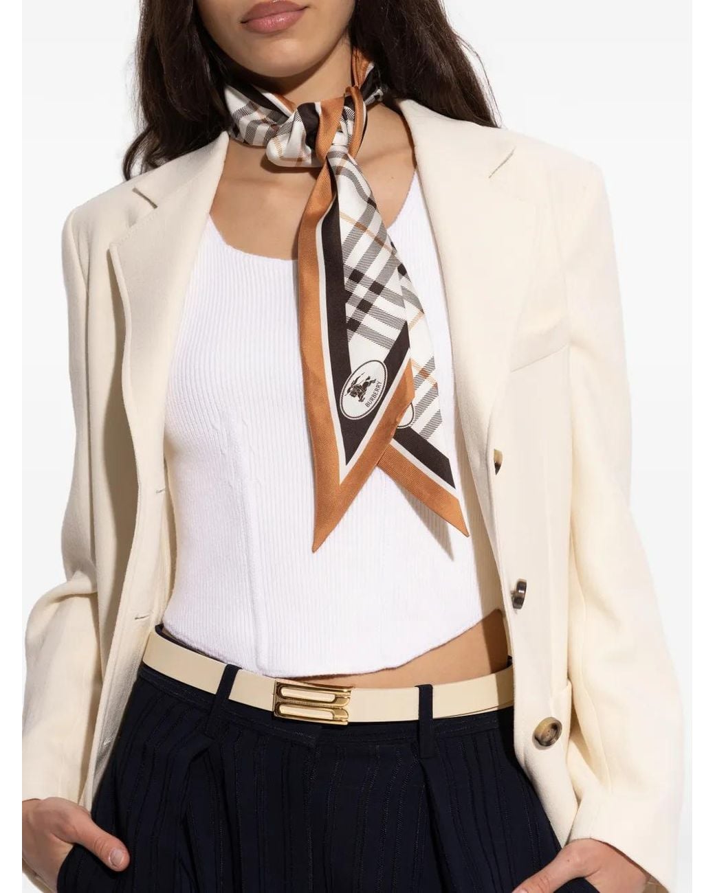 Burberry White Skinny Check Knight Stamp Silk Scarf