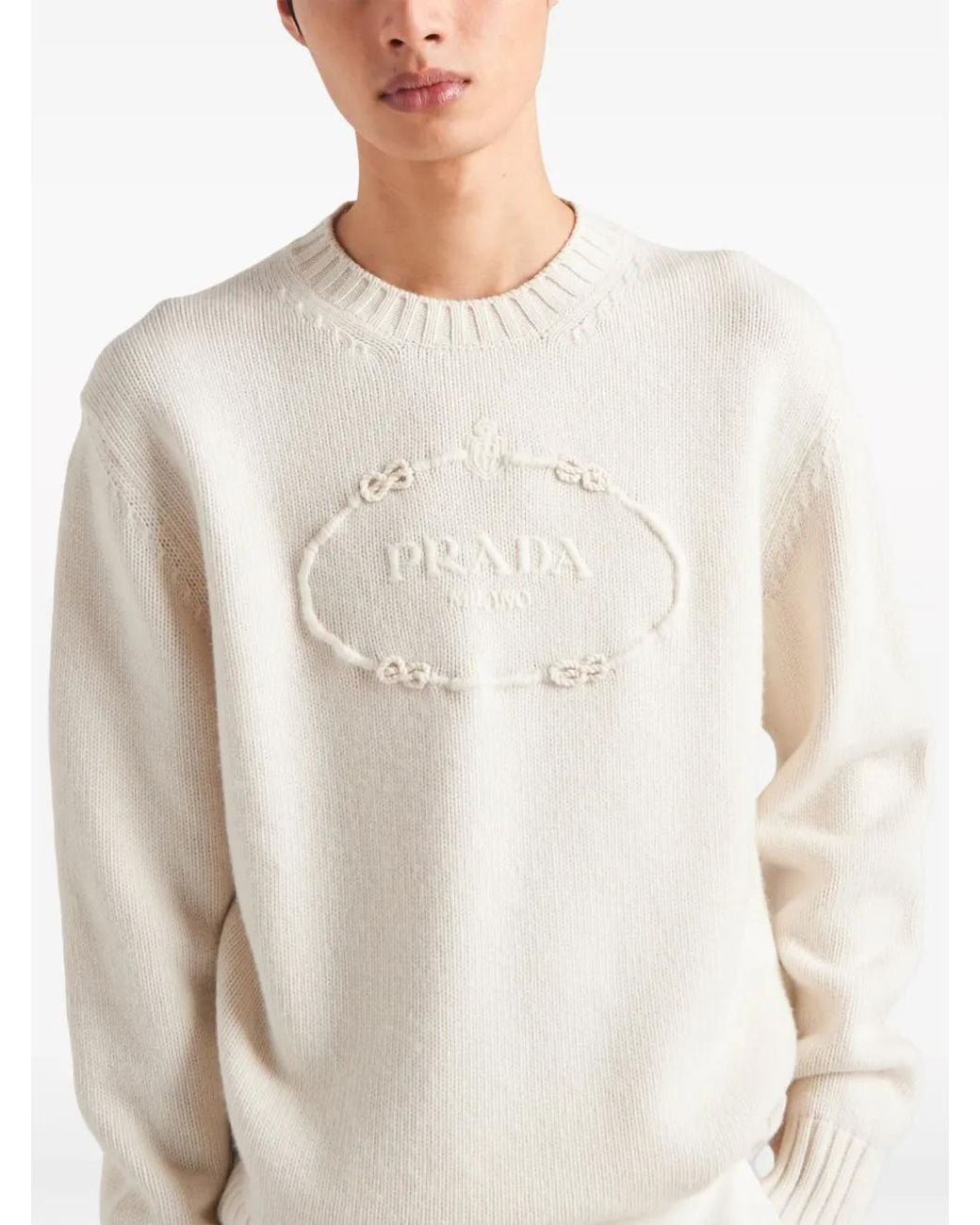 Prada White Logo-Embroidered Wool-Cashmere Jumper for men