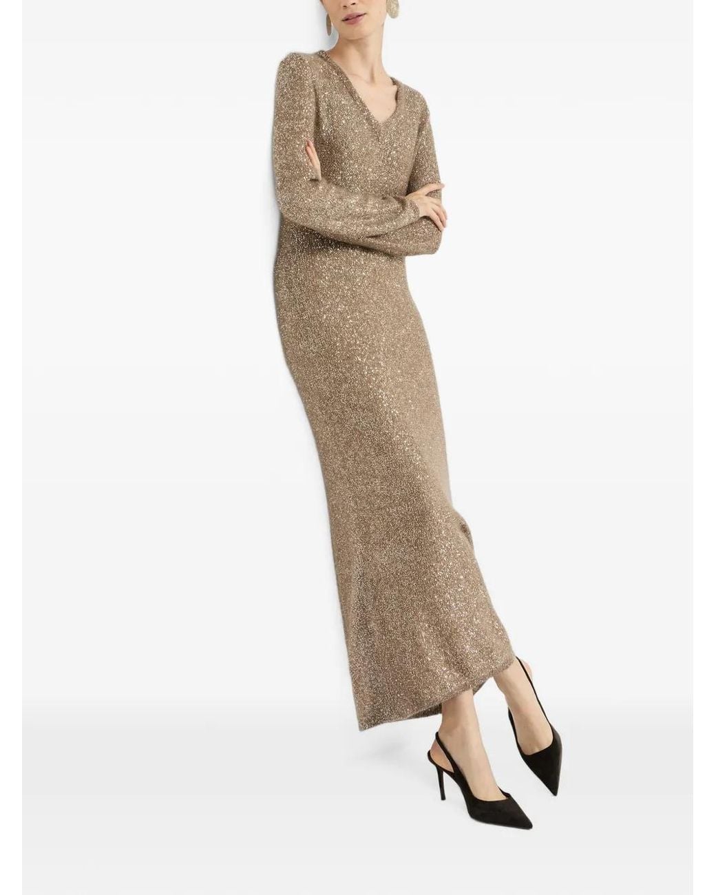 Brunello Cucinelli Natural Mohair And Wool Dazzling Texture Knit Dress With Monili